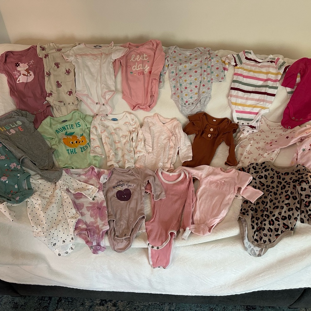 Bundle of 21 Baby Girl Onesies (0–6 Months) – Variety of Styles & Colors